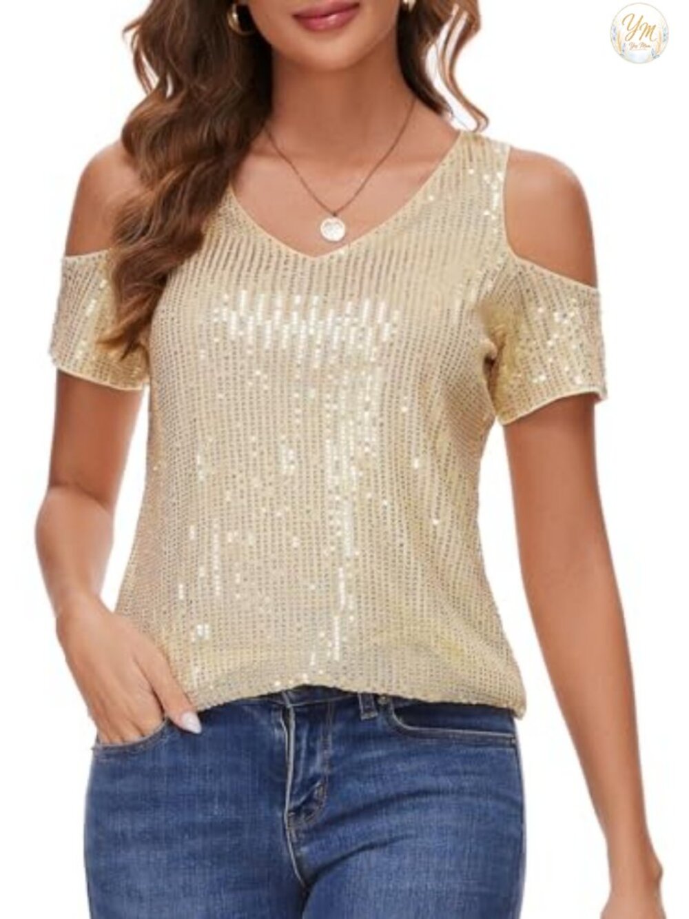 Womens Sequin Cold Shoulder Glitter Party Blouse Short Sleeve V-Neck Top